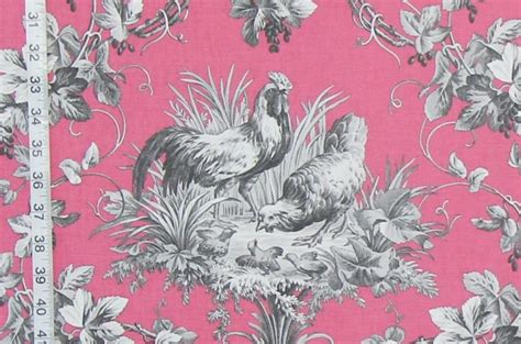 Pink Rooster Toile Fabric French Chicken