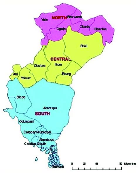 Map of Cross River State, Nigeria showing 3 senatorial districts and 18 ...