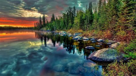 Beautiful Scenery Nature View Trees Forest Reflection On Water During Sunset Under Blue Black ...