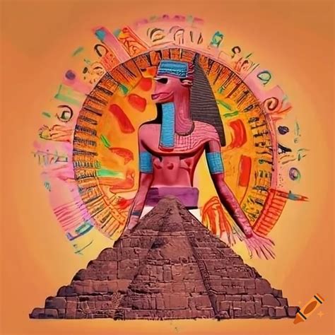 Colorful depiction of ancient egyptian pyramids and hieroglyphics on ...