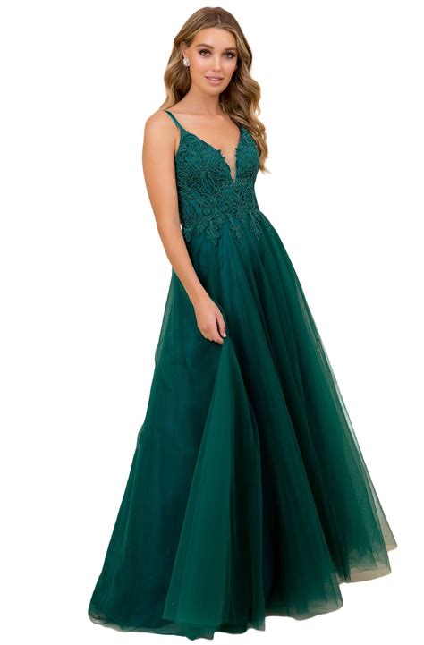 Nox Anabel - R357 Plunging Embroidered Lace Bodice Gown | Dark green ...