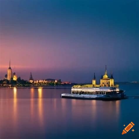 Cityscape with volga river, car, and boat with air cushions in nizhny ...