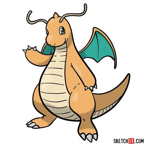 How to draw Dragonite Pokemon - Sketchok easy drawing guides