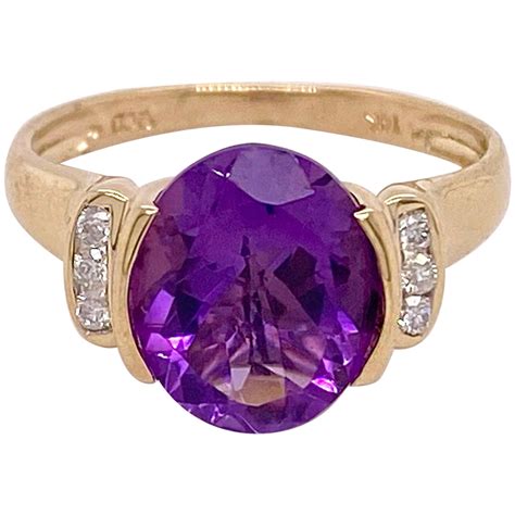 Customizable 3 Carat Amethyst Diamond Ring 14 Karat Yellow Gold Oval Genuine Gemstone Ring For ...