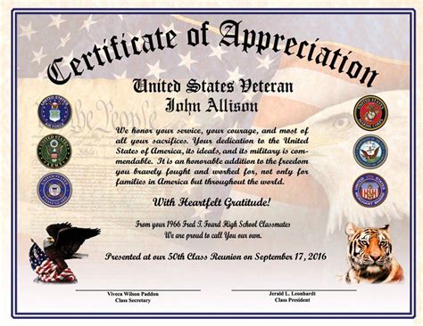 Free Printable Veterans Certificate Of Appreciation - Printable Word Searches