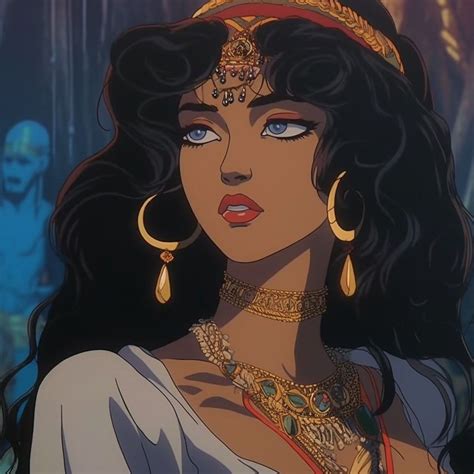 an animated image of a woman with long black hair and jewelry on her ...