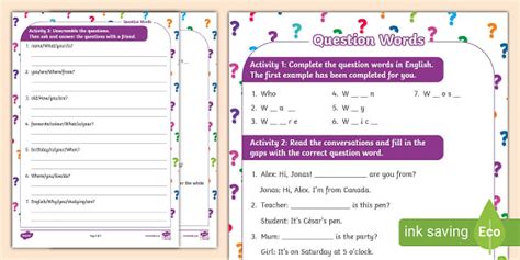 ESL Question Words Worksheet (teacher made) - Twinkl