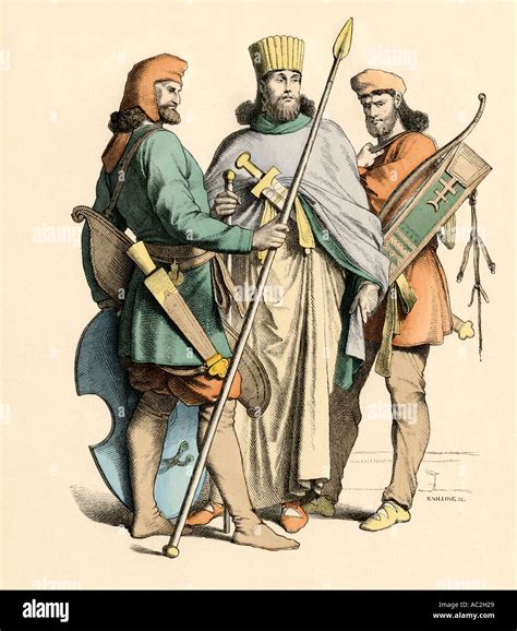 Ancient Persian king with his bodyguards a soldier and an archer. Hand-colored print Stock Photo ...