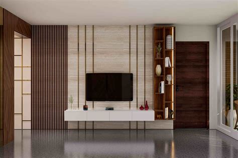 Modern TV Unit Design With Beige Wallpaper | Livspace