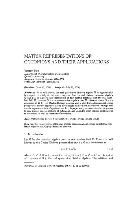 (PDF) Matrix Representations of Octonions and Their Applications