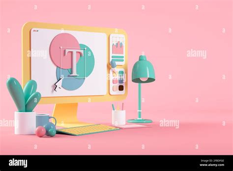Designs on cartoon computer screen over pink background Stock Photo - Alamy