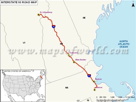 US Interstate 93 (I-93) Map - Canton, Massachusetts to St. Johnsbury ...