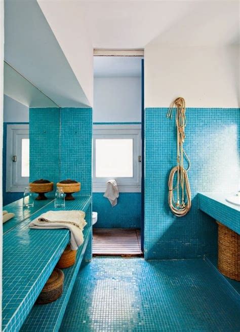 blue tile bathroom - via La Maison Boheme Green Tile Bathroom, Modern Bathroom Decor, Bathroom ...