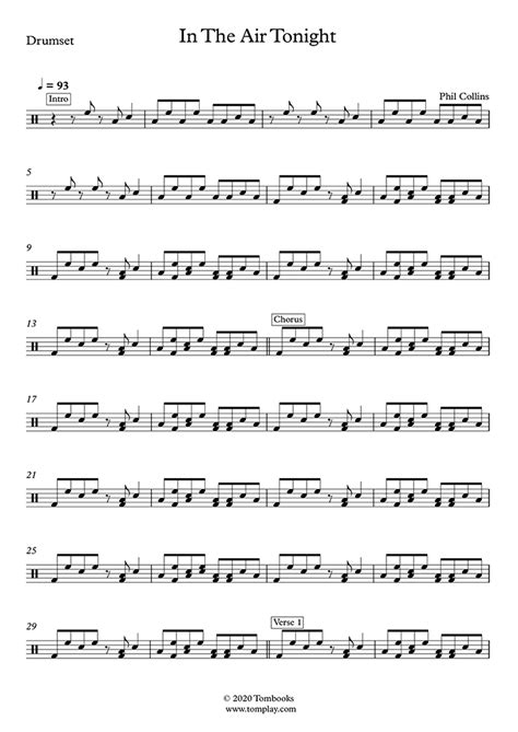 Drums Sheet Music In The Air Tonight - Original Version (Advanced Level) (Collins Phil)