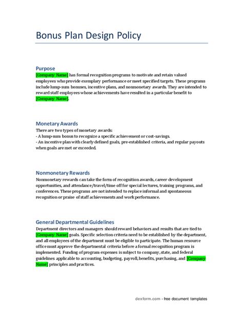 Bonus plan design policy in Word and Pdf formats