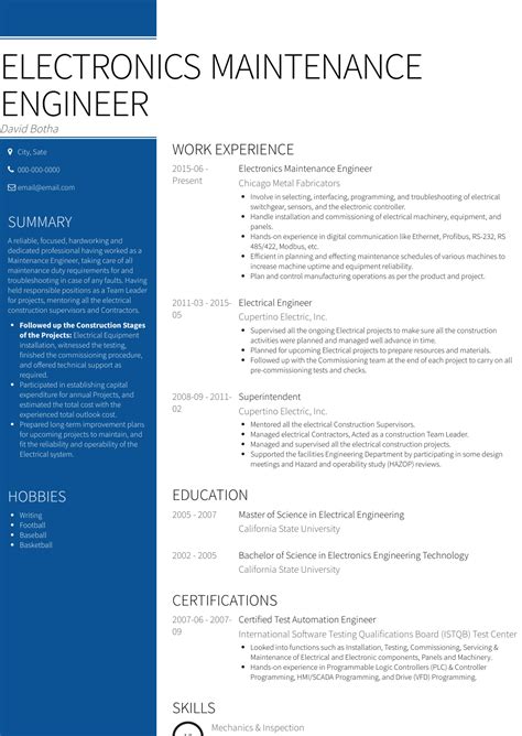 Maintenance Engineer - Resume Samples and Templates | VisualCV