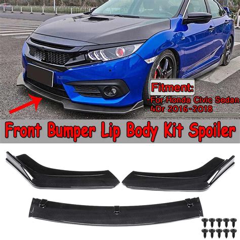 Carbon Fiber Look / Black 3pcs Car Front Lower Bumper Lip Spoiler Body Kit For Honda For Civic ...