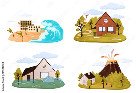 Natural disaster, catastrophe set of vector illustrations with tornado ...