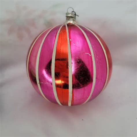 VINTAGE JUMBO WEST Germany Blown Mercury Glass Christmas Ornament Pink Striped $18.00 - PicClick