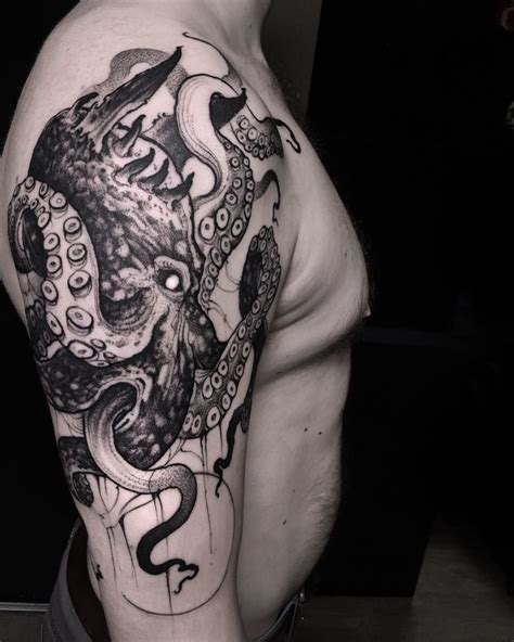 Black Octopus Sleeve Tattoo