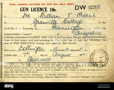 1941 UK one year British Gun Licence License issued under the Firearms Act 1937 FOR EDITORIAL ...