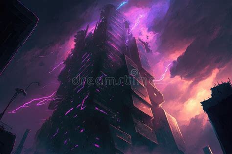 Neon-soaked Skyscrapers, Spiraling Toward the Heavens Digital Art Poster AI Generation Stock ...