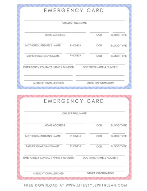 two emergency cards with the words emergency card and an image of a doctor's name