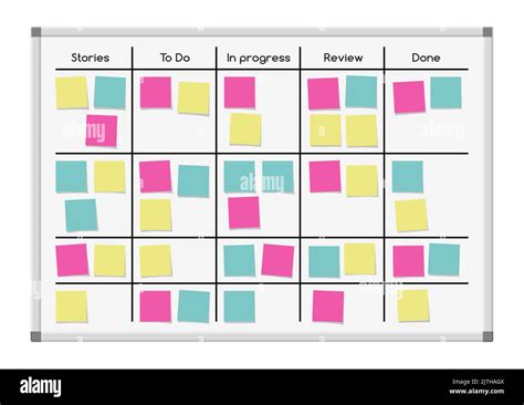 SCRUM task board, work process whiteboard with sticker note, vector ...