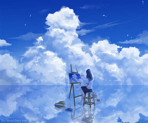 Download School Uniform Blue Hair Painting Cloud Reflection Anime Girl ...