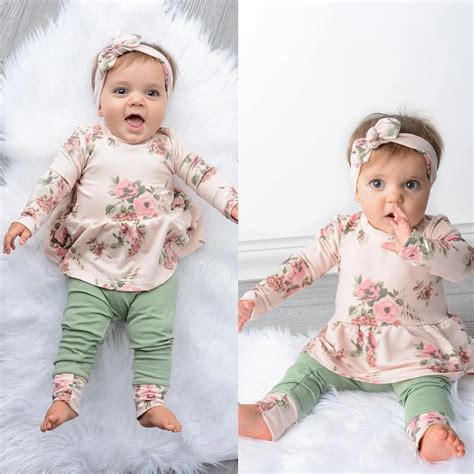 Korean version Newborn Baby Girl Clothes Set Long sleeve Floral T shirt ...