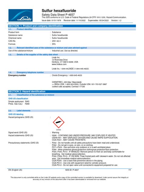 Sulfur Hexafluoride sf6 Safety Data Sheet Sds p4657 | Download Free PDF ...