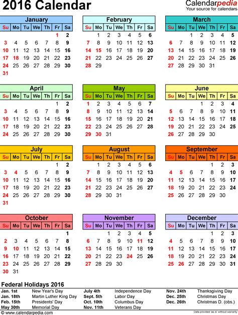 2016 Calendar with Federal Holidays