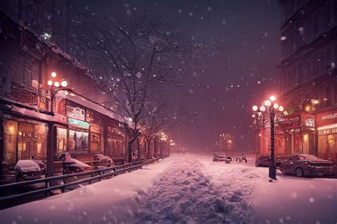 Premium Photo | Winter snowy small cozy street with lights in houses, falling snow town night ...