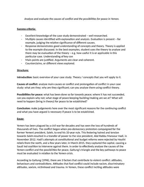 Peace and Conflict - Yemen case study - Analyse and evaluate the causes of conflict and the ...