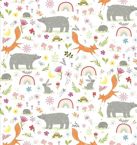 Woodland Animals Fabric, 100% Brushed Cotton Flannel, Fox, Rabbit, Bear, Rainbow Print, Baby ...