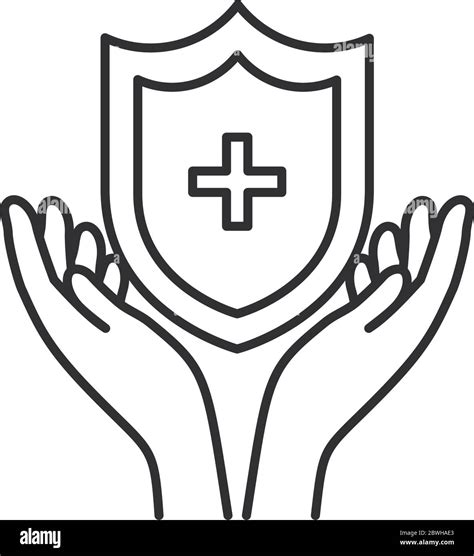 hands and shield with medical cross icon over white background, line style, vector illustration ...