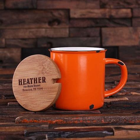 Have a cup of coffee, tea, or hot chocolate in this orange rustic mug with a wood lid. Eclectic ...