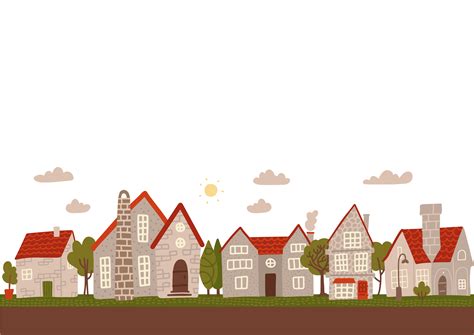 Cozy day small town street. Cartoon grey city buildings flat vector illustration. Empty space ...