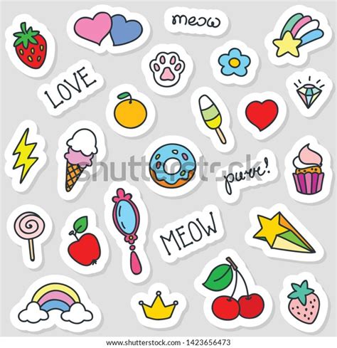 Set Cute Stickers Doodle Illustration Kawaii Stock Vector (Royalty Free ...