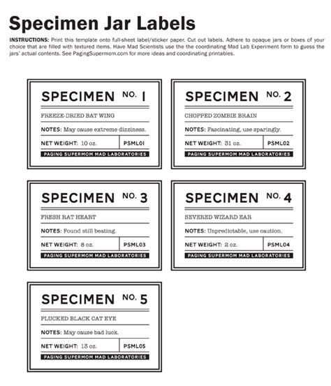 Printable Specimen Labels - Printable Word Searches