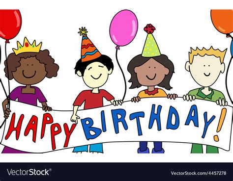 Multicultural kids with birthday banner Royalty Free Vector