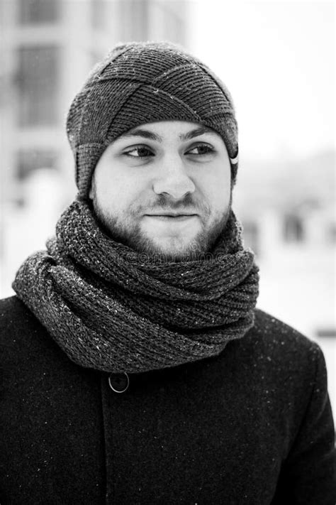 Outdoor Portrait Of Handsome Man In Gray Coat. Fashion Photo. Beauty Winter Snowfall Style ...