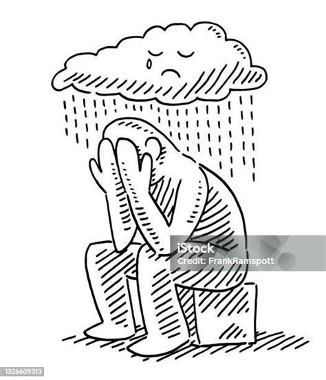 Sad Human Figure Sitting Under Rain Cloud Drawing Stock Illustration - Download Image Now ...