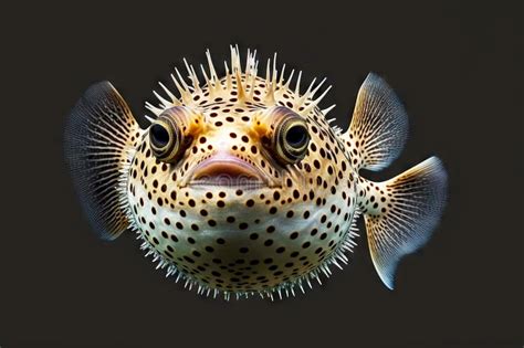 Swollen Puffer Fish with Spikes on Mottled Body Isolated Against Dark ...