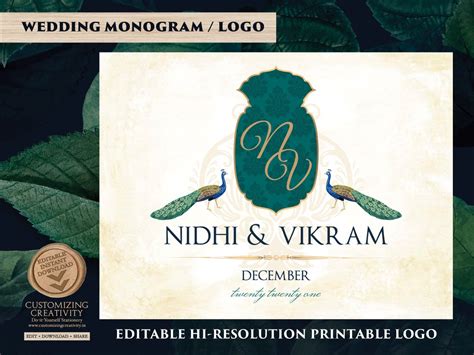 Indian Wedding Logo for Peacock Invitation Monogram, Indian Monogram as Peacock Custom Initials ...