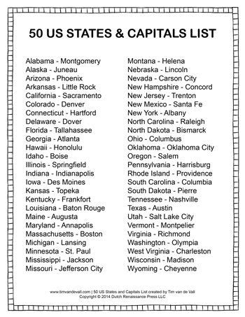 States and Capitals List - Tim's Printables | States and capitals, Social studies worksheets ...