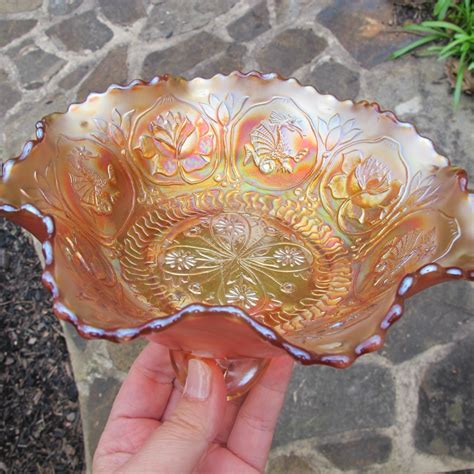 Antique Fenton Dragon & Lotus Marigold Carnival Glass Footed Bowl ...