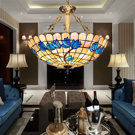 Beige 4 Lights Pendant Chandelier Tiffany Style Shell Bowl Hanging Ceiling Light for Living Room ...