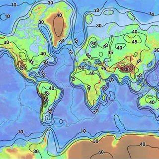 This contour map of the thickness of the Earth's crust was developed... | Download Scientific ...