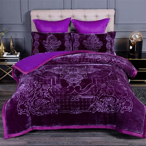 JML Bedding Printed Microfiber plain Reversible Fluffy Bed blanket, King, Purple, 3-Pieces ...